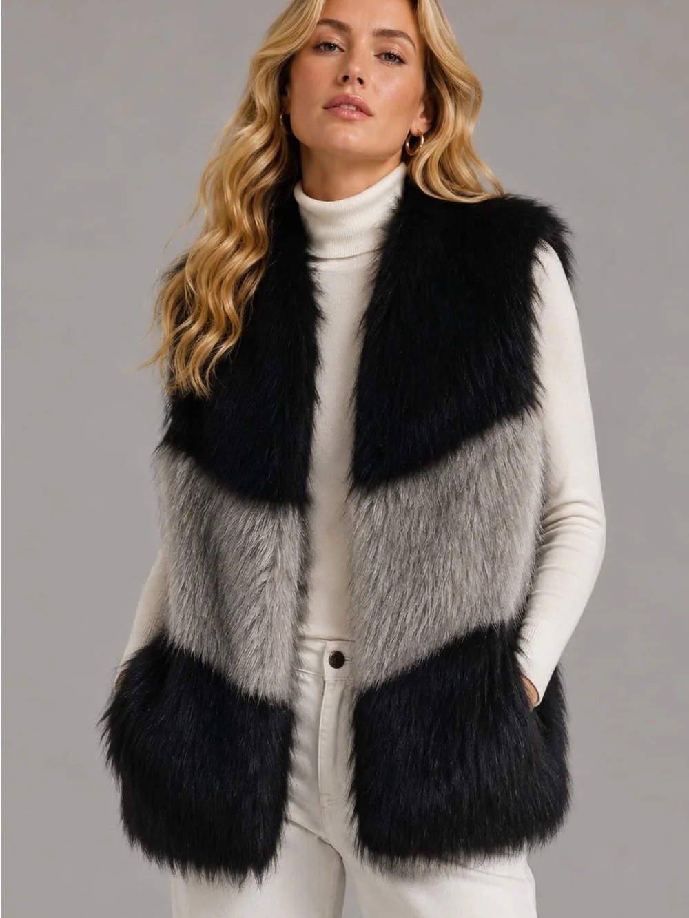 Faux Fur Colorblock Vest in Black and Gray